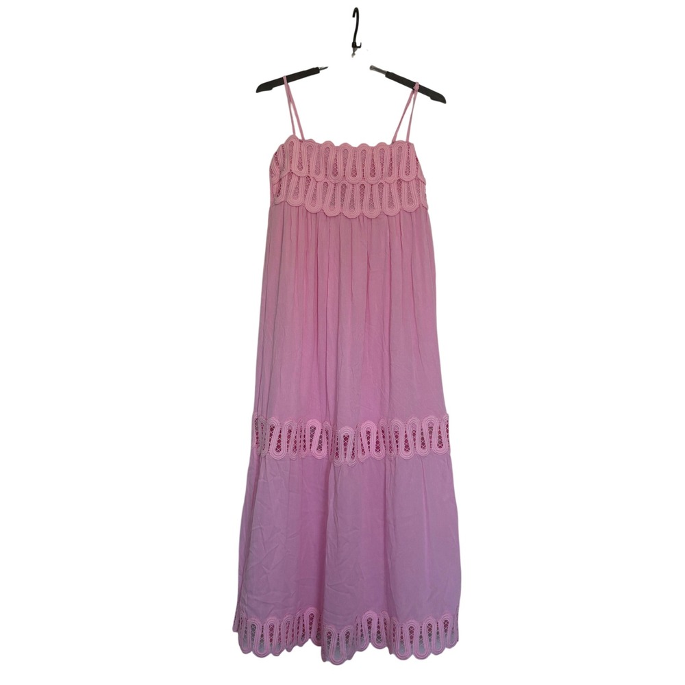 True Pink Maxi Dress Womens XL Lace Trim Tiered Smocked Back Sleeveless